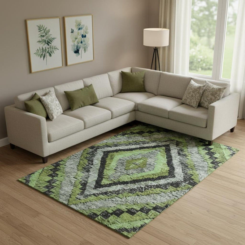 HomeRoots 10' Artichoke Green Diamond Washable Area Rug with UV Protection - Perfect for High-Traffic Spaces! 707047
