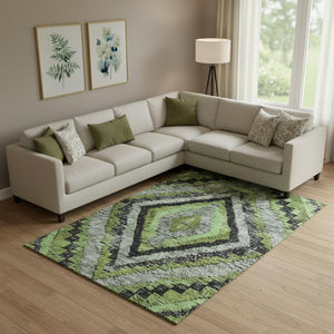 HomeRoots 10' Artichoke Green Diamond Washable Area Rug with UV Protection - Perfect for High-Traffic Spaces! 707047