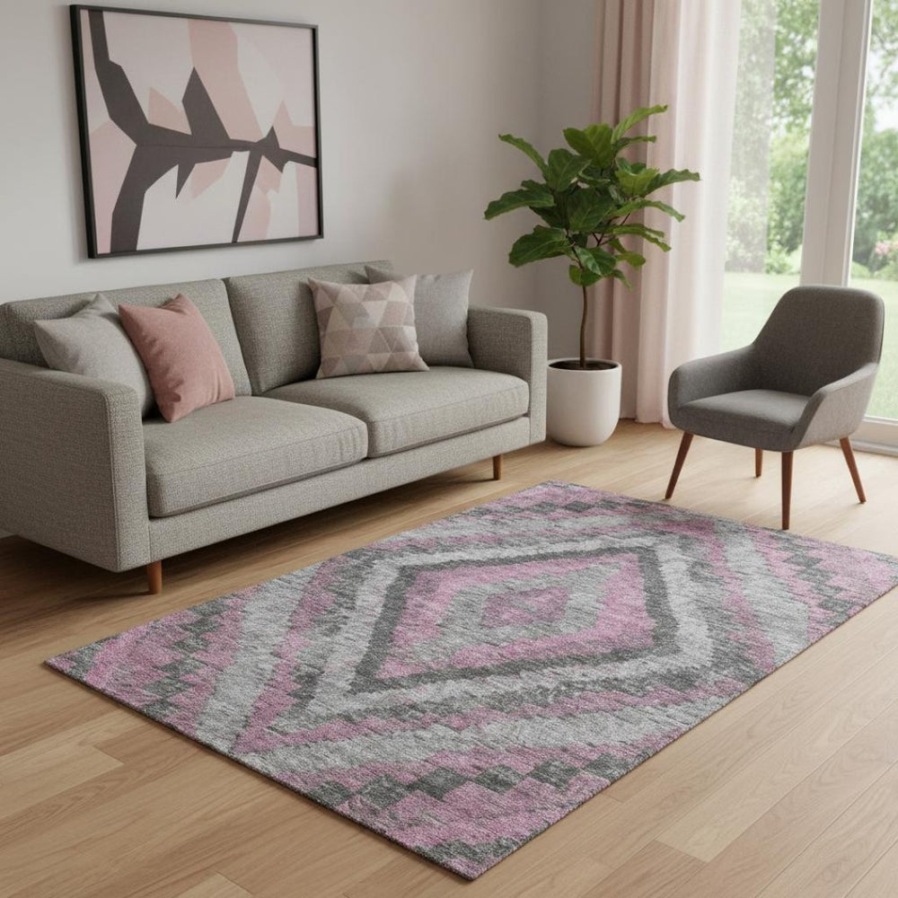 HomeRoots 8' Washable Round Rug in Blush, Charcoal & Gray Diamond Design – UV Protected & Family-Friendly! 707050