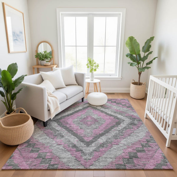 HomeRoots 9' X 12' Stylish Blush Charcoal Diamond Area Rug - Washable, UV Protected, Perfect for High Traffic Areas 707052