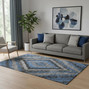 HomeRoots 8' Blue Charcoal and Gray Diamond Washable Round Rug – UV Protected, Stain Resistant, Durable Design 707056