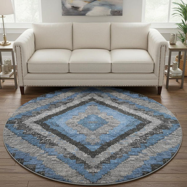 HomeRoots 8' X 10' Blue Charcoal & Gray Diamond Rug – Durable, Washable, UV-Protected for Family Spaces! 707057