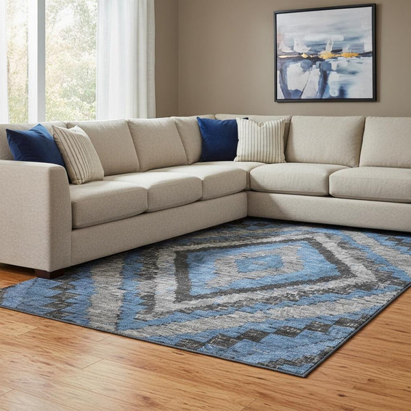 HomeRoots 9' X 12' Washable Area Rug in Blue, Charcoal & Gray Diamond Design with UV Protection for Homes 707058