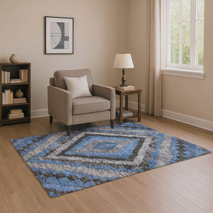 HomeRoots 9' X 12' Washable Area Rug in Blue, Charcoal & Gray Diamond Design with UV Protection for Homes 707058
