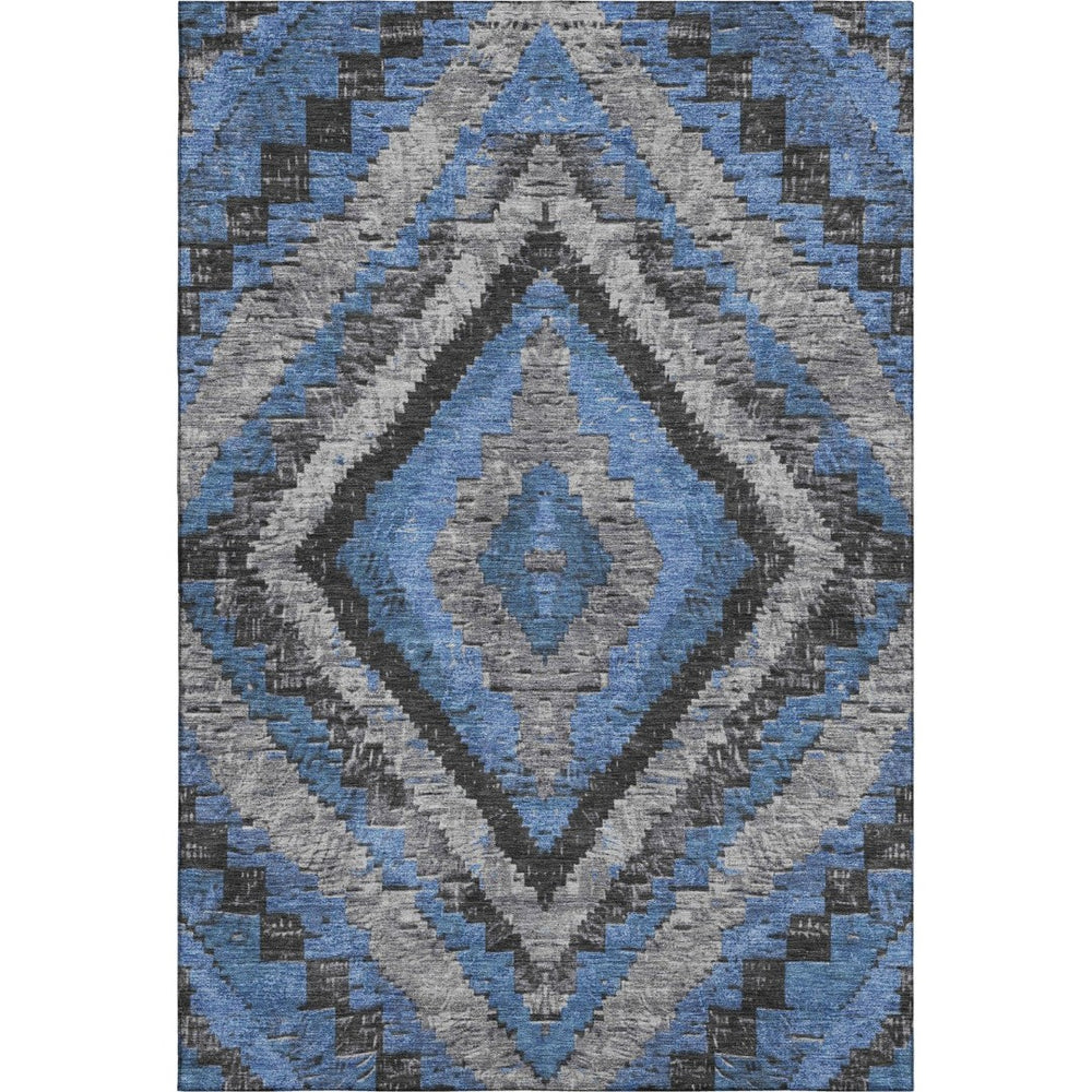 HomeRoots 9' X 12' Washable Area Rug in Blue, Charcoal & Gray Diamond Design with UV Protection for Homes 707058