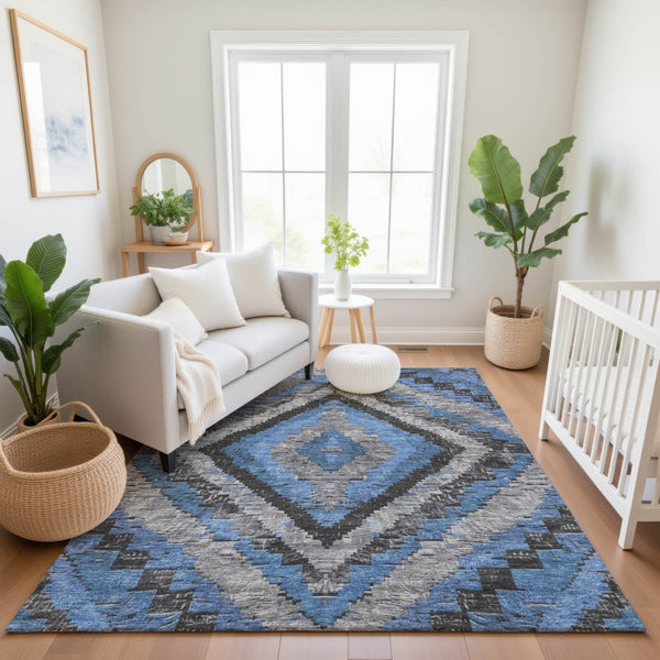 HomeRoots 9' X 12' Washable Area Rug in Blue, Charcoal & Gray Diamond Design with UV Protection for Homes 707058