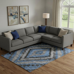 HomeRoots 10' Diamond Washable Area Rug in Blue, Charcoal & Gray - Durable, Stain Resistant, UV Protected Design 707059