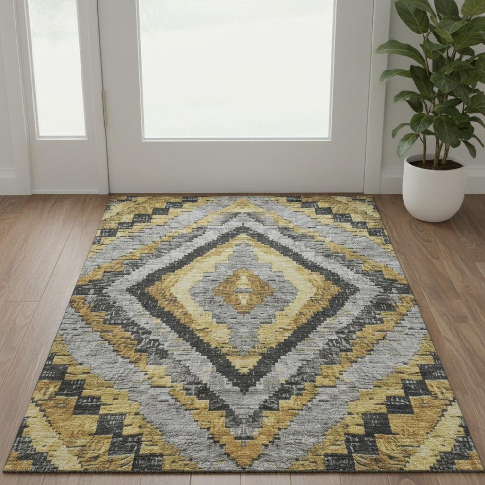 HomeRoots 5' X 8' Washable Gold and Charcoal Diamond Area Rug - UV Protected, Stain Resistant & Soft Texture 707061
