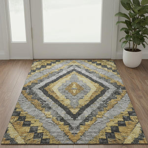 HomeRoots 5' X 8' Washable Gold and Charcoal Diamond Area Rug - UV Protected, Stain Resistant & Soft Texture 707061