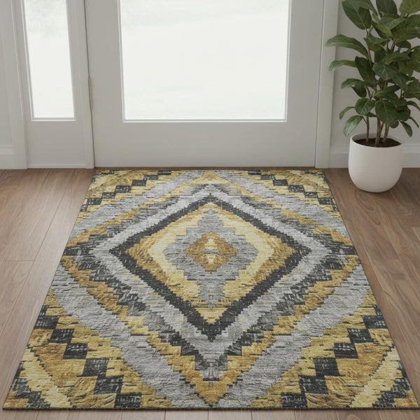 HomeRoots 5' X 8' Washable Gold and Charcoal Diamond Area Rug - UV Protected, Stain Resistant & Soft Texture 707061