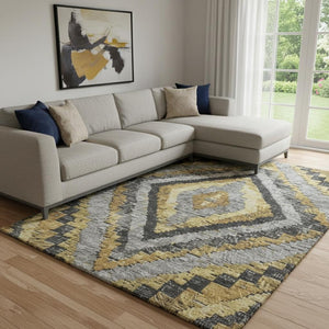 HomeRoots 9' X 12' Gold Charcoal Gray Diamond Washable Area Rug - UV Protected, Stain-Resistant & Durable Design 707064