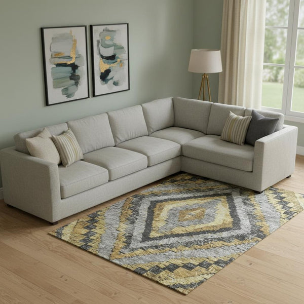 HomeRoots 10' X 14' Gold Charcoal Gray Diamond Area Rug - Washable, UV Protected, Durable & Stylish for Homes 707065
