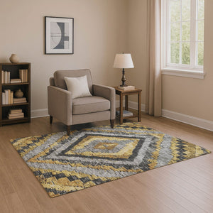 HomeRoots 10' X 14' Gold Charcoal Gray Diamond Area Rug - Washable, UV Protected, Durable & Stylish for Homes 707065