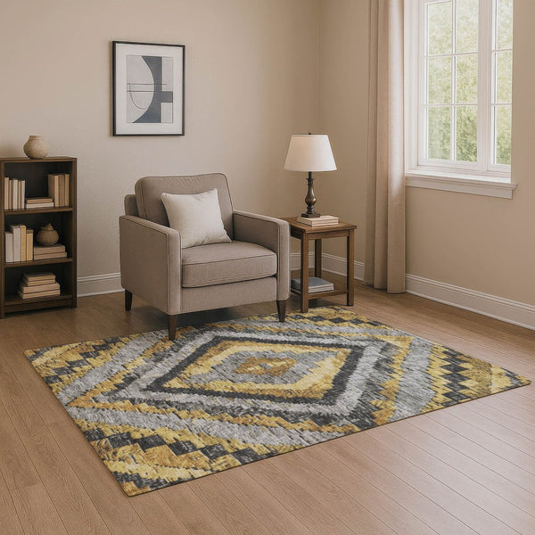 HomeRoots 10' X 14' Gold Charcoal Gray Diamond Area Rug - Washable, UV Protected, Durable & Stylish for Homes 707065