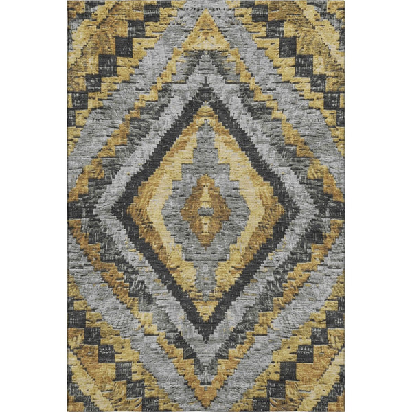HomeRoots 10' X 14' Gold Charcoal Gray Diamond Area Rug - Washable, UV Protected, Durable & Stylish for Homes 707065