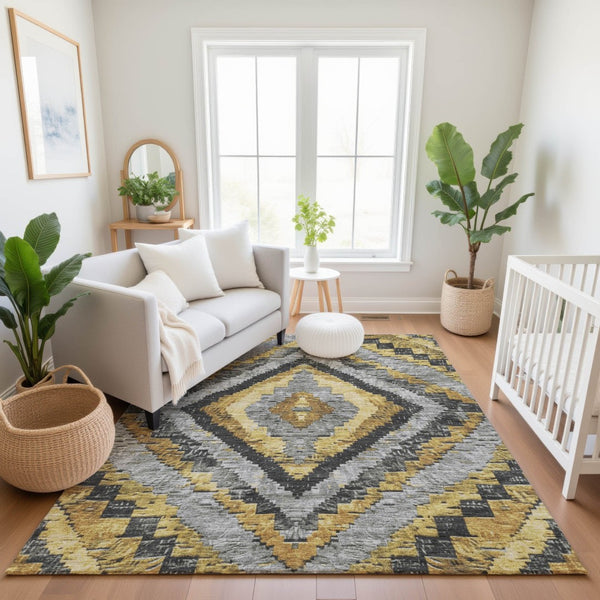 HomeRoots 10' X 14' Gold Charcoal Gray Diamond Area Rug - Washable, UV Protected, Durable & Stylish for Homes 707065