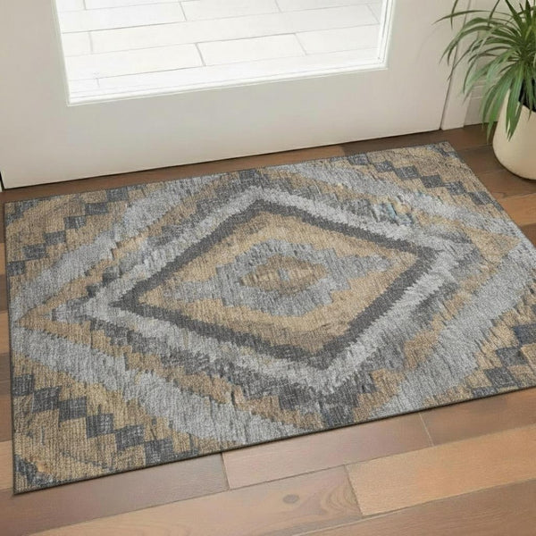 HomeRoots 5' X 8' Washable Diamond Area Rug in Khaki, Charcoal & Gray - Stain Resistant with UV Protection 707067