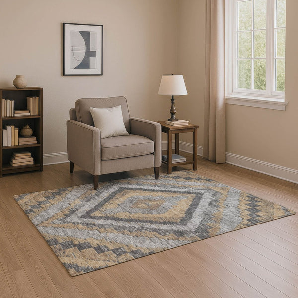 HomeRoots 5' X 8' Washable Diamond Area Rug in Khaki, Charcoal & Gray - Stain Resistant with UV Protection 707067