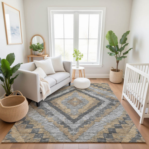 HomeRoots 5' X 8' Washable Diamond Area Rug in Khaki, Charcoal & Gray - Stain Resistant with UV Protection 707067
