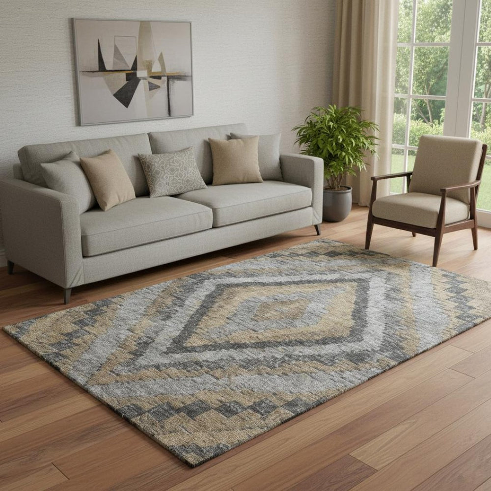 HomeRoots 8' Washable Round Rug in Khaki, Charcoal & Gray Diamond Design with UV Protection for Busy Homes 707068