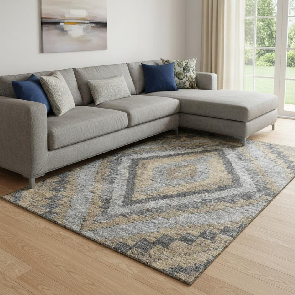 HomeRoots 9' X 12' Khaki Charcoal Gray Diamond Area Rug - Washable, UV Protected, Durable for Active Homes 707070
