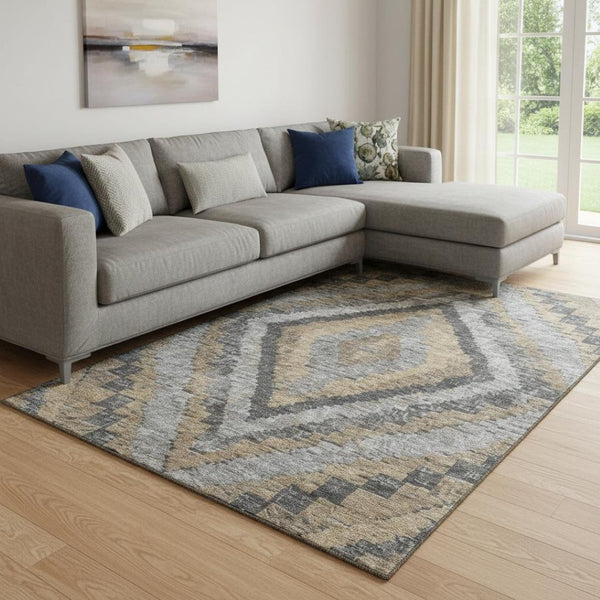 HomeRoots 9' X 12' Khaki Charcoal Gray Diamond Area Rug - Washable, UV Protected, Durable for Active Homes 707070