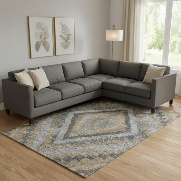 HomeRoots 10' X 14' Khaki Charcoal Gray Diamond Area Rug - Washable, Stain-Resistant, UV-Protected Design 707071