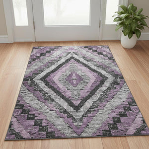 HomeRoots 5' X 8' Stylish Lavender Charcoal Gray Diamond Area Rug – Washable, UV-Protected, Pet-Friendly Design 707073