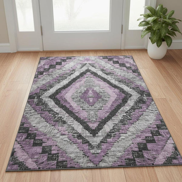 HomeRoots 5' X 8' Stylish Lavender Charcoal Gray Diamond Area Rug – Washable, UV-Protected, Pet-Friendly Design 707073
