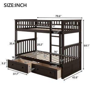 English Elm Twin Over Solid Pine Bunk Bed with Rolling Drawers and Convertible Platform GX000240AAP