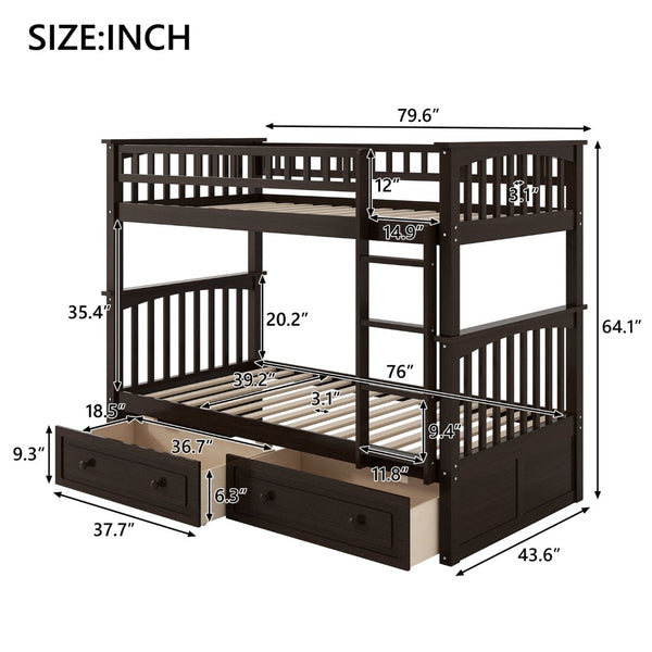 English Elm Twin Over Solid Pine Bunk Bed with Rolling Drawers and Convertible Platform GX000240AAP