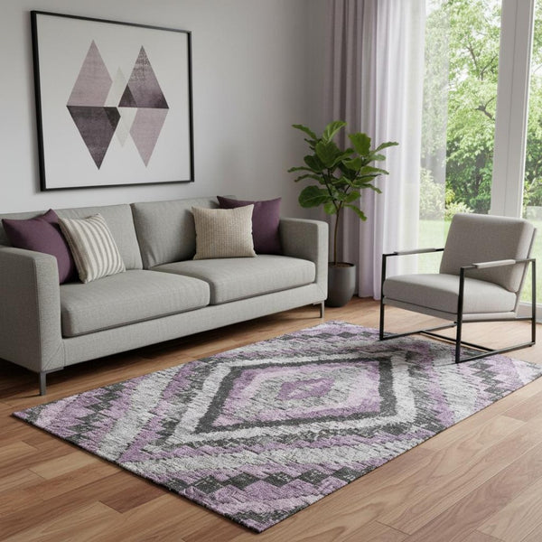 HomeRoots 8' Round Rug in Soft Lavender with Charcoal Gray Diamond Pattern - Washable & UV-Protected Design 707074