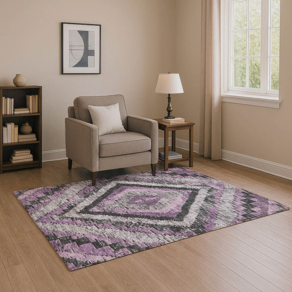 HomeRoots 8' Round Rug in Soft Lavender with Charcoal Gray Diamond Pattern - Washable & UV-Protected Design 707074