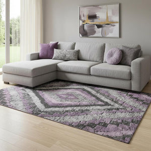 HomeRoots 9' X 12' Stylish Lavender Charcoal Gray Diamond Area Rug - Washable, UV Protected & Non-Slip! 707076