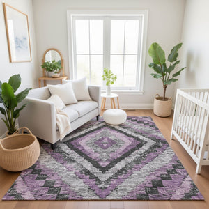 HomeRoots 9' X 12' Stylish Lavender Charcoal Gray Diamond Area Rug - Washable, UV Protected & Non-Slip! 707076