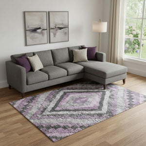 HomeRoots 10' X 14' Stylish Lavender Charcoal Diamond Area Rug - Washable, UV Protected, Durable & Stain-Resistant! 707077