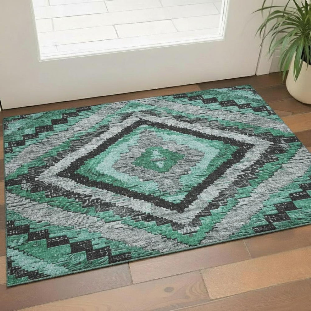HomeRoots 5' X 8' Pale Aqua Charcoal & Gray Diamond Area Rug - Washable, UV Protected, Stylish & Durable! 707079