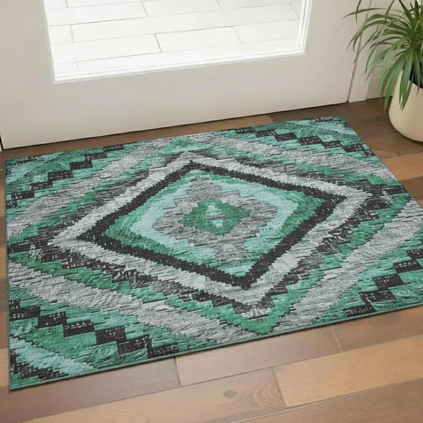 HomeRoots 5' X 8' Pale Aqua Charcoal & Gray Diamond Area Rug - Washable, UV Protected, Stylish & Durable! 707079