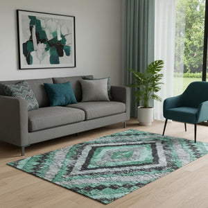 HomeRoots 8' Pale Aqua Charcoal & Gray Diamond Rug - Washable, UV-Protected, Stain-Resistant for Easy Care! 707080