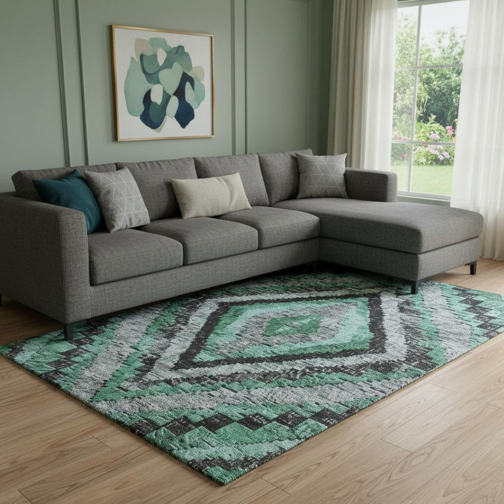 HomeRoots 9' X 12' Washable Pale Aqua & Charcoal Diamond Area Rug with UV Protection, Perfect for Homes! 707082