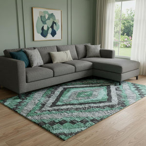HomeRoots 9' X 12' Washable Pale Aqua & Charcoal Diamond Area Rug with UV Protection, Perfect for Homes! 707082