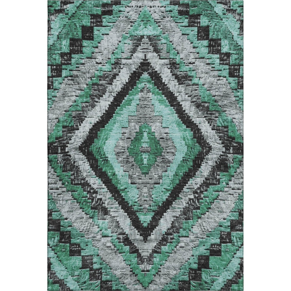 HomeRoots 9' X 12' Washable Pale Aqua & Charcoal Diamond Area Rug with UV Protection, Perfect for Homes! 707082