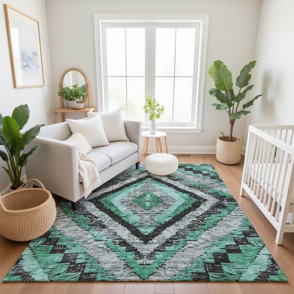 HomeRoots 9' X 12' Washable Pale Aqua & Charcoal Diamond Area Rug with UV Protection, Perfect for Homes! 707082