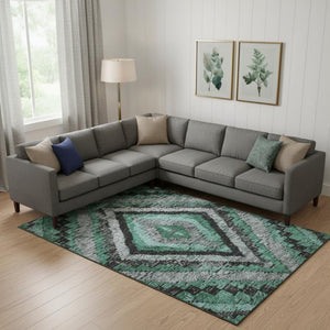 HomeRoots 10' X 14' Pale Aqua Charcoal Gray Diamond Area Rug - Washable, UV Protected & Perfect for Families 707083
