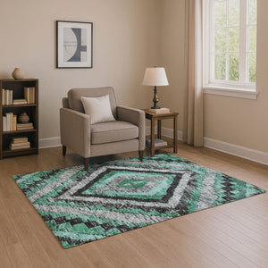 HomeRoots 10' X 14' Pale Aqua Charcoal Gray Diamond Area Rug - Washable, UV Protected & Perfect for Families 707083