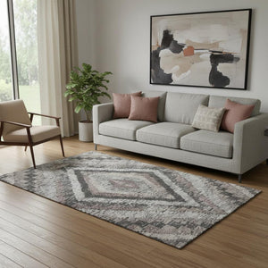 HomeRoots 8' Stylish Taupe Charcoal Gray Diamond Washable Rug - Durable, Stain-Resistant, UV Protected Design! 707086