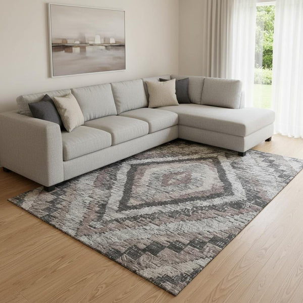 HomeRoots 9' X 12' Diamond Pattern Taupe Charcoal Gray Washable Area Rug with UV Protection & Stain Resistance 707088