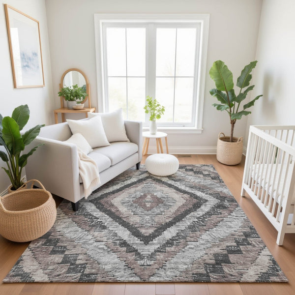 HomeRoots 9' X 12' Diamond Pattern Taupe Charcoal Gray Washable Area Rug with UV Protection & Stain Resistance 707088