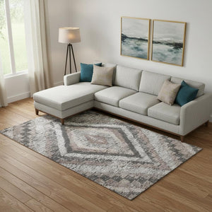 HomeRoots 10' Washable Area Rug in Taupe, Charcoal & Gray Diamond Pattern - UV Protected, Stain-Resistant Design 707089