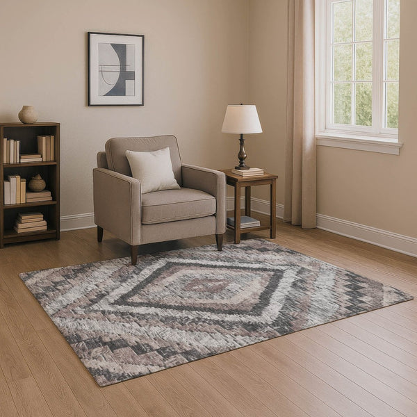 HomeRoots 10' Washable Area Rug in Taupe, Charcoal & Gray Diamond Pattern - UV Protected, Stain-Resistant Design 707089